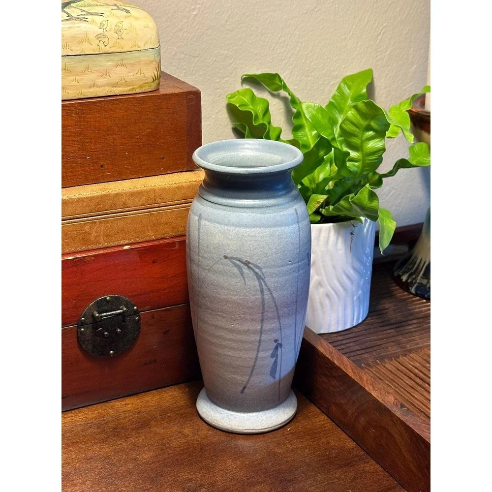 Westlin Signed Studio Pottery Vase Blue Mauve Floral Hand Painted Ceramic Decor